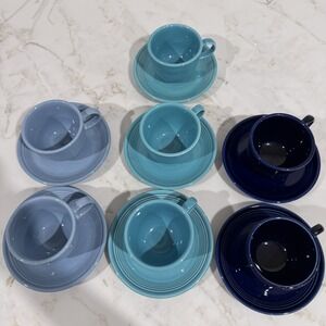 Fiesta Fiestaware 14 pieces (7 sets) Footed Cups Saucers Blue Turquoise Cobalt